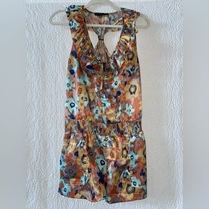 BCBGMAXAZRIA Sleeveless Racerback Ruffled Collar Shorts Romper